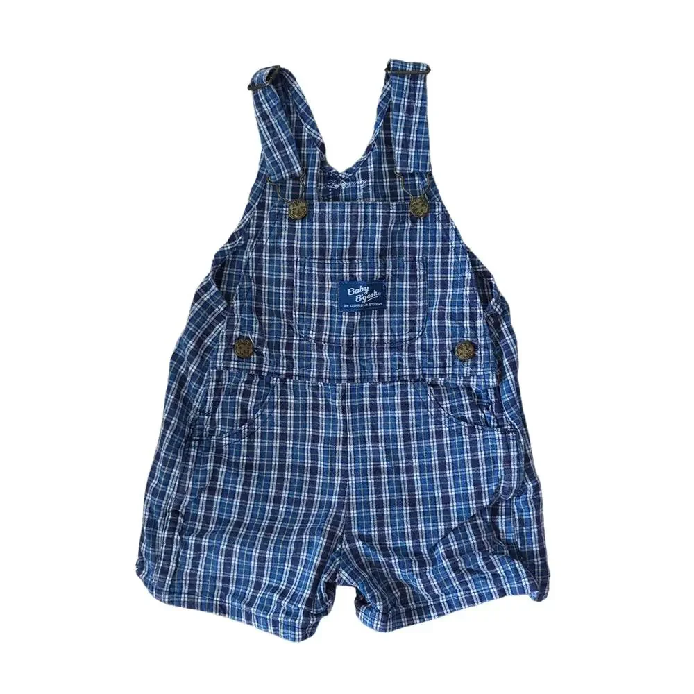 Vintage OshKosh B'gosh Baby Overall Shorts Shortalls Blue Checker Plaid 12 Month